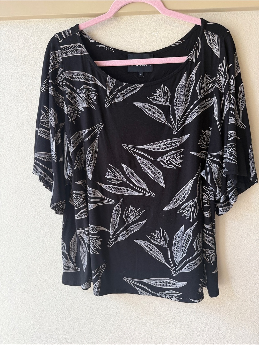 Tanoa Black Top with White Botanical Print - Short Sleeve Scoop Neck